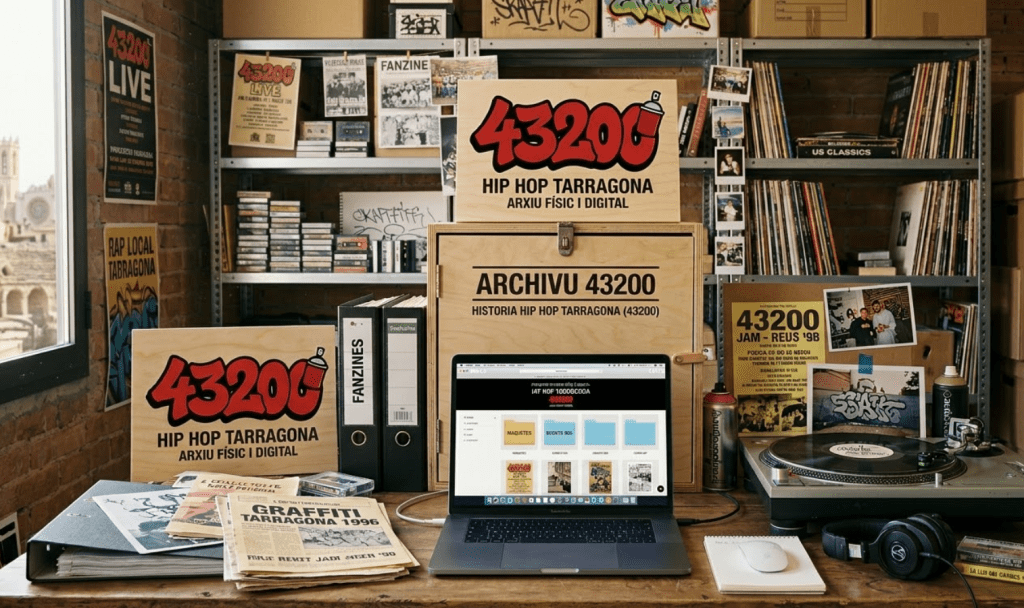 Esta imagen conceptual fusiona el mundo físico de la documentación histórica con la interfaz digital de tu proyecto. El diseño se divide en dos secciones principales:
En el lado izquierdo: Un robusto archivador físico de metal, etiquetado como "ARCHIVO HISTÓRICO HIP HOP TARRAGONA", está abierto. De él, salen estantes llenos de casetes antiguas (con nombres de grupos y fechas de los 90s y 2000s written a mano), fanzines fotocopiados, recortes de periódicos locales amarillentos con titulares sobre graffiti o conciertos, y algunas latas de spray de pintura gastadas.
En el lado derecho: Esta documentación física se transforma visualmente en una interfaz digital limpia en una pantalla de ordenador. La interfaz muestra carpetas organizadas por categorías ("Maquetas", "Graffiti", "Eventos", "Artistas") y subcarpetas por años o localidades (Reus, Tarragona, Salou...). Se ven miniaturas de las carátulas de las cintas digitalizadas y archivos PDF de los fanzines.
El centro y el logo de 43200: En el punto de unión, donde la documentación física "entra" al mundo digital, el logo de tu proyecto "43200" está prominentemente visible en color rojo vibrante. El número "43200" tiene un estilo urbano, con un contorno que simula un tag de graffiti sobre una tipografía sans-serif moderna. Debajo del número, se lee: "EL CÓDIGO DEL HIP HOP EN TARRAGONA - PROYECTO DE ARCHIVO FÍSICO Y DIGITAL".
El fondo: Una pared de ladrillo visto con algunos tags sutiles de graffiti y, al fondo, la silueta reconocible de la Part Alta de Tarragona y el Anfiteatro Romano, integrando la historia local con la cultura hip hop.